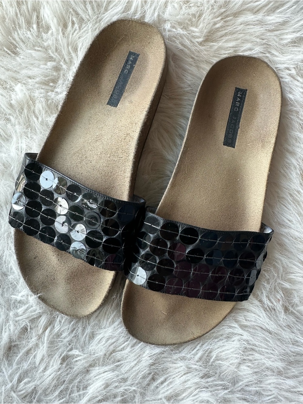 Marc Jacobs Black Sequin Slide Sandals size 8 made in Italy